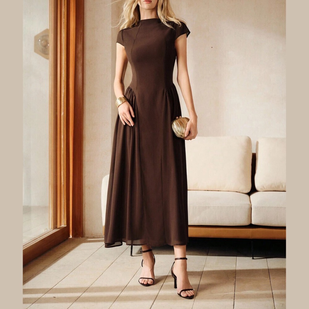 Brown Stand Collar Cap Sleeve Fit and Flare Gathered Waist Maxi Dress